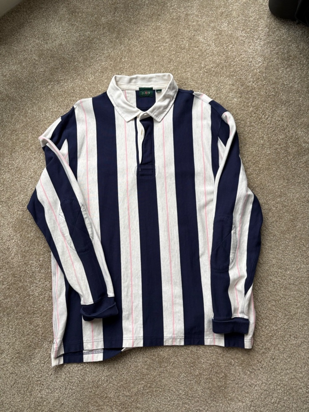 Classic J. Crew Navy & White Stripe Long-Sleeve Polo Rugby Shirt
